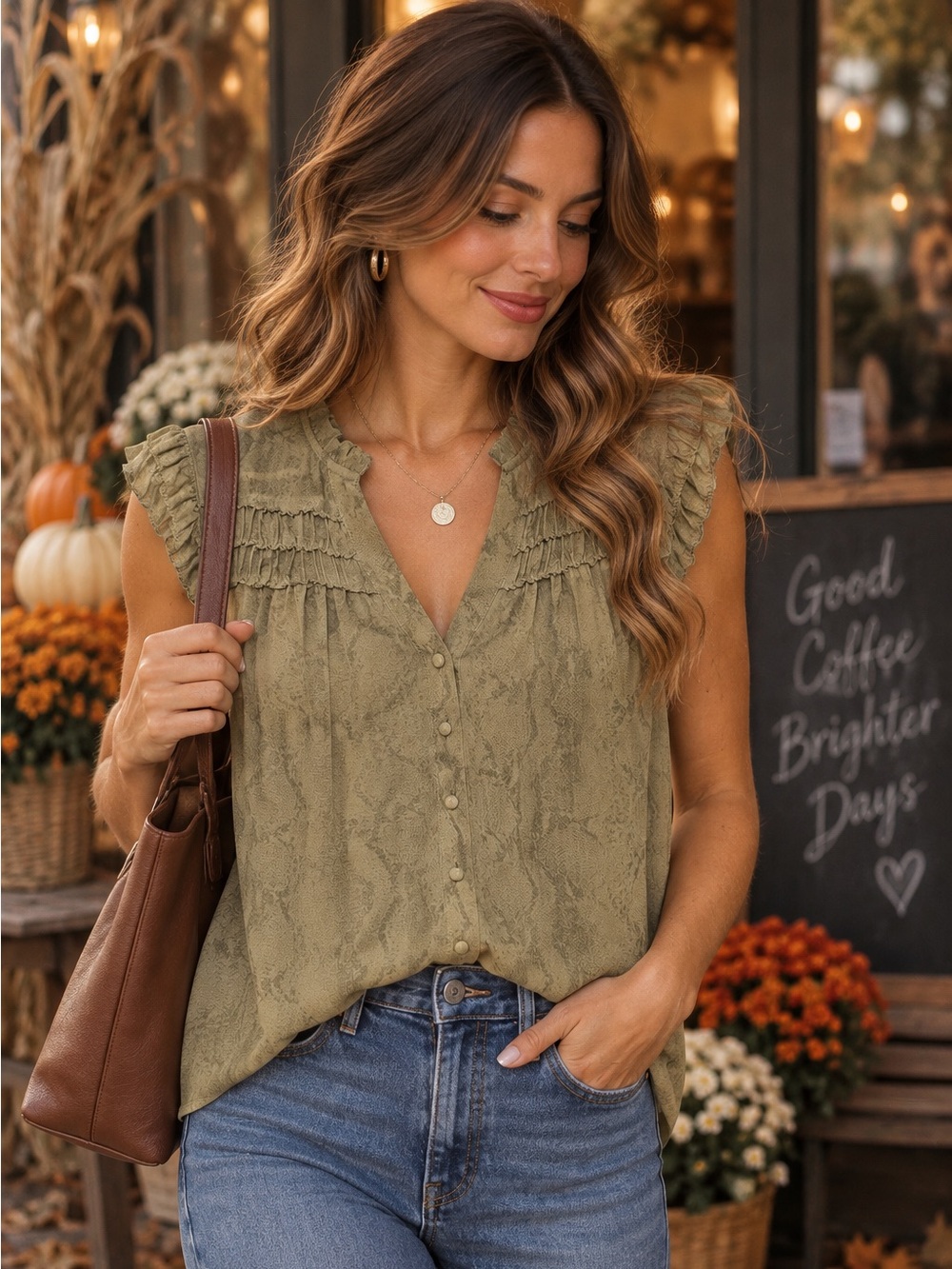 Current Air Los Angeles Olive Snakeskin Ruffle Blouse Size Small